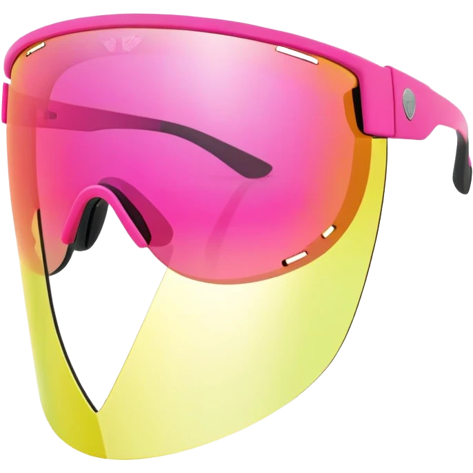 sporty neon pink shield visor sunglasses with thick frame and integrated strap, extremely robust design, substantial build, one-piece mirrored lens emoji