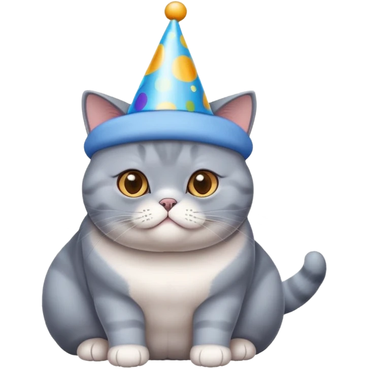 British shorthair blue cat with round face and chubby cheeks wearing a colorful birthday hat emoji