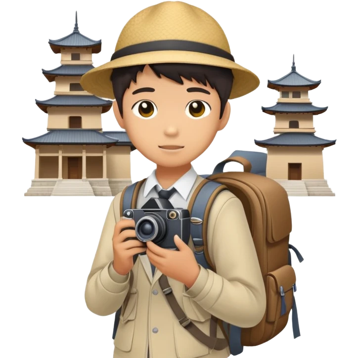 Japanese high school boy with camera and backpack during school field trip at historical site emoji