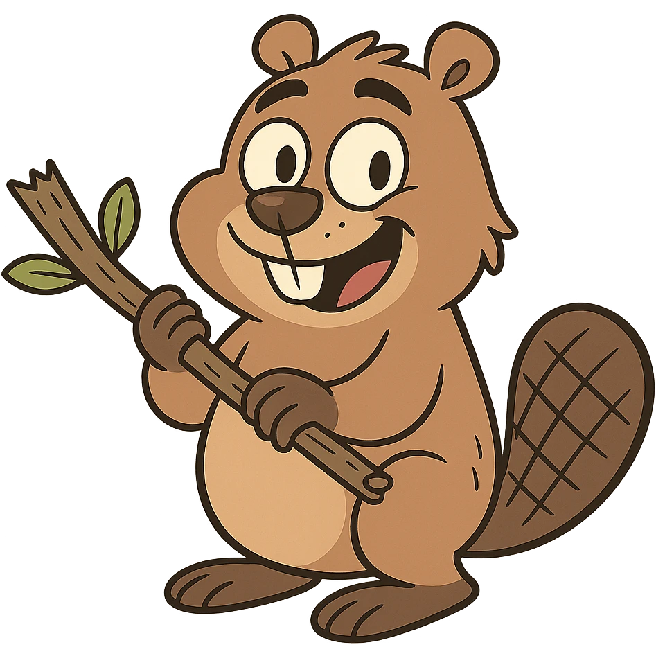 beaver character holding a branch, playful expression, cartoon style emoji