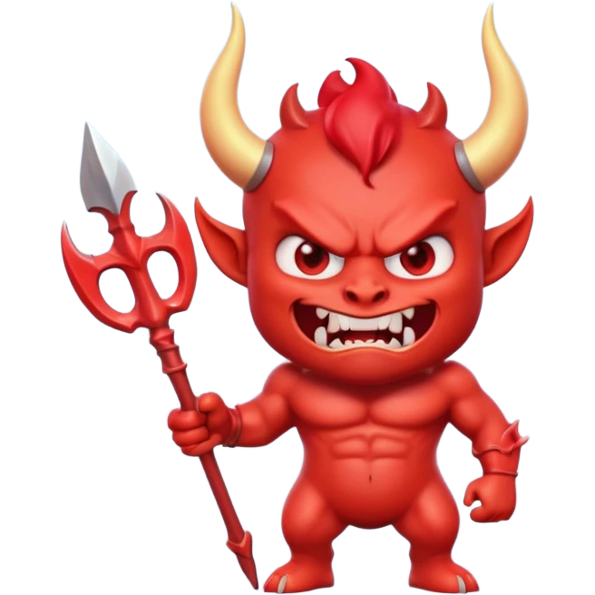 cute 3D red devil emoji, muscular cartoon devil, glossy skin, big curved horns, angry cute face, sharp teeth, holding trident, emoji style, soft lighting, smooth texture, clean background, high quality, digital art emoji