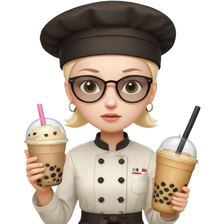 A Angry Teen Female with Pale skin and Bald, wearing a Uniform outfit, a Chef hat, Sunglasses, carrying a Wand, working as a scientist, while drinking Bubble tea and reading a Book.
 emoji