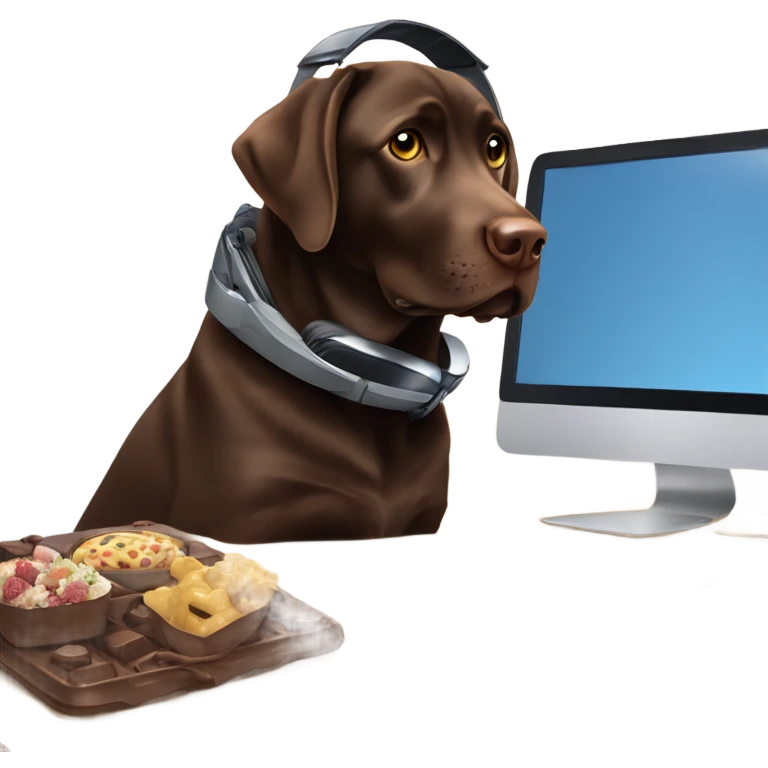 Chocolate lab working on computer with headset , food on desk emoji