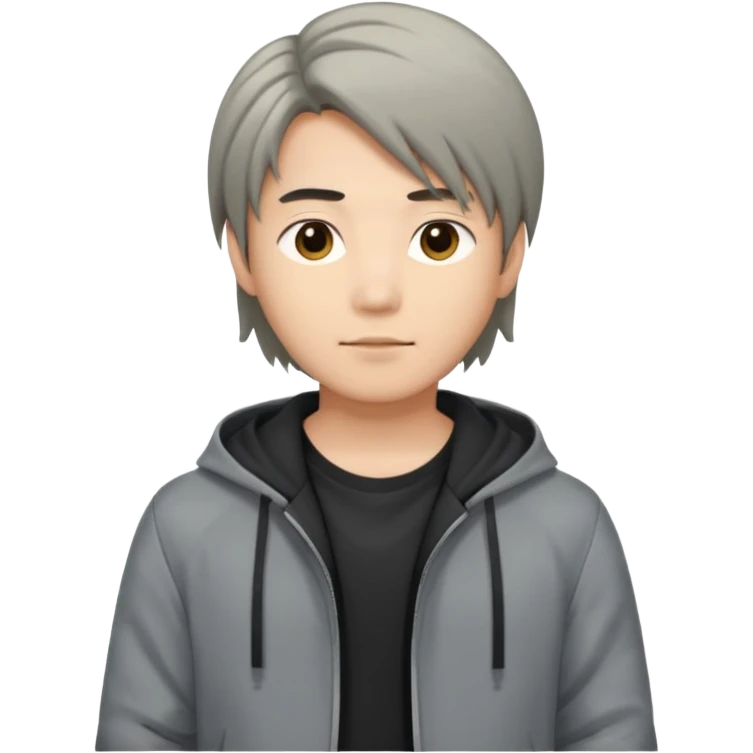 asian young man with long curtains style hair in grey jacket and black t-shirt emoji
