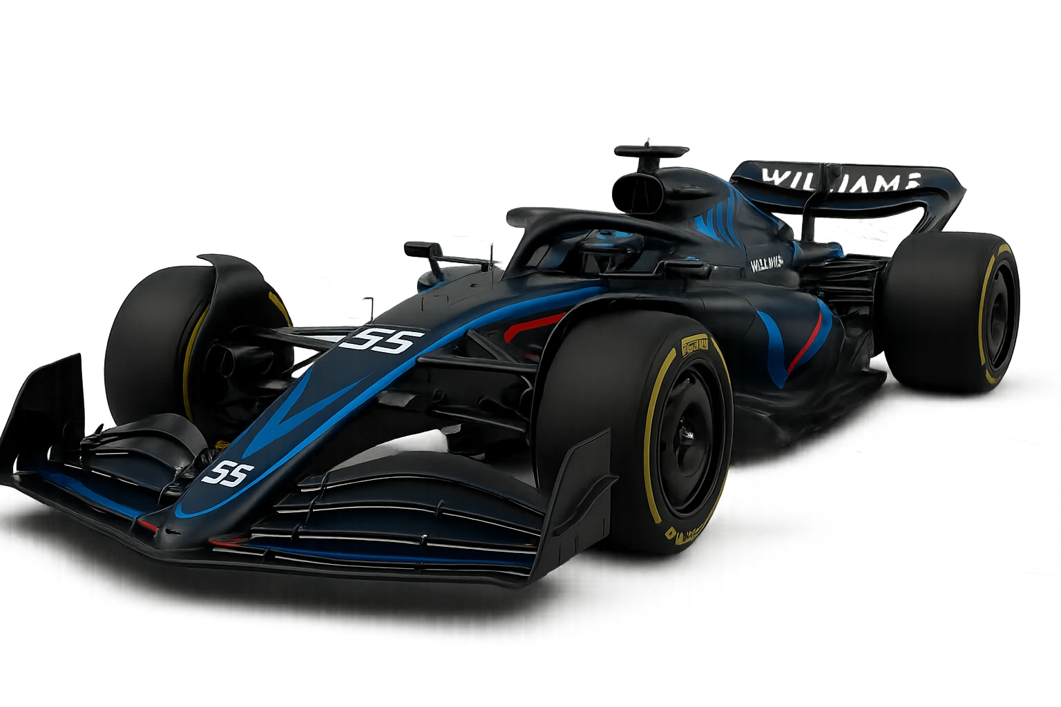Williams 2025 Formula 1 car, number 55, sleek and modern, racing livery, dynamic angle, no text emoji
