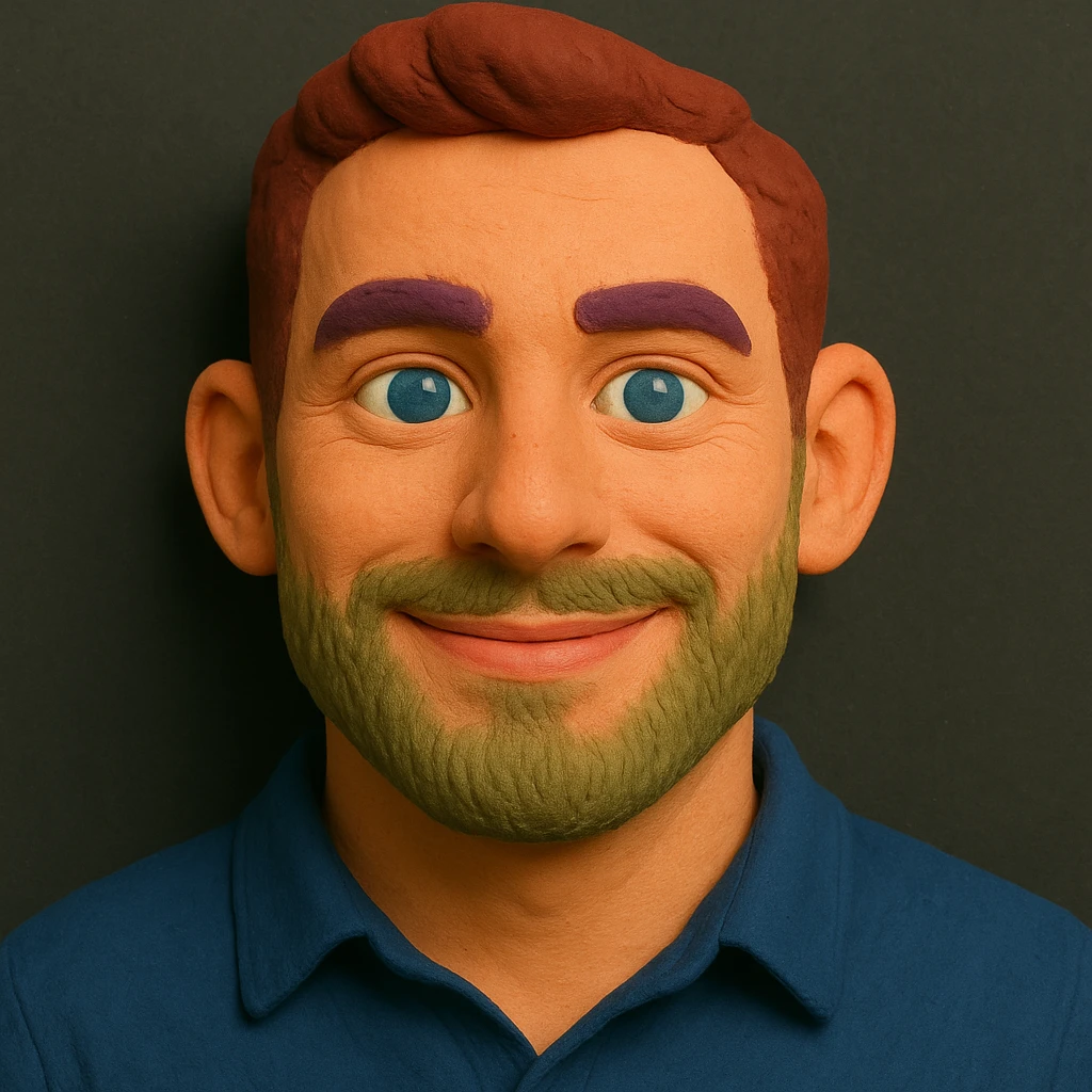 Claymation portrait with a younger face, narrower nose, narrower chin, friendly and confident facial expression, slightly larger forehead, anthracite background, alternative color accents. emoji