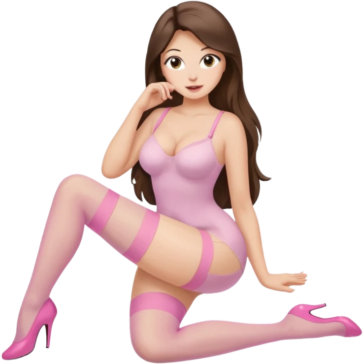 Buxom brunette long hair intimate sfw light pink nylon stocking pose emoji