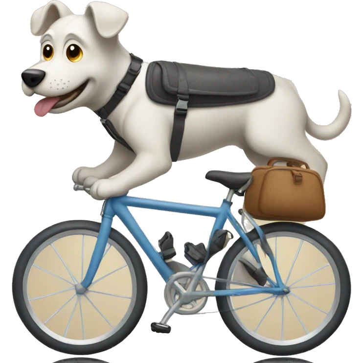 A dog is riding a bicycle and wearing a backpack. emoji
