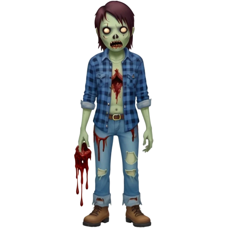 Local alaskan who has turned it zombies in the style of the walking dead, with rotting flesh and dripping blood but distinctively Alaskan. In the style of your bleeding skull art but Alaskan zombie. Full body emoji