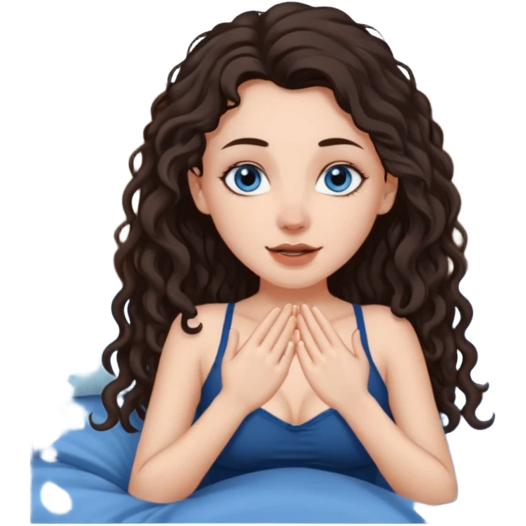 white girl, dark brown long slightly curly hair , skinni but with big breast , septum piercing on nose, beautiful dark gray-blue eyes, showing her foot and masturbating in bed emoji