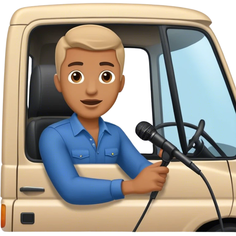 driver of a truck in front of a truck speaking to a microphone interview emoji