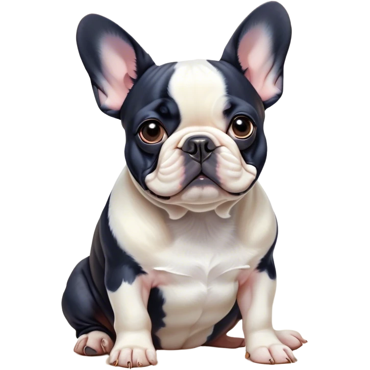 Cinematic Noble Pied French Bulldog Portrait Emoji, Radiating regal yet playful charm, with a distinctive pied fur of contrasting hues and a sculpted, expressive face featuring gentle, wise eyes and a confident stance, simplified yet artistically detailed, glowing with a soft, sophisticated radiance, high shine, exuding intelligent nobility and refined flair, soft glowing outline, capturing the essence of a noble Pied French Bulldog that embodies both strength and grace! emoji