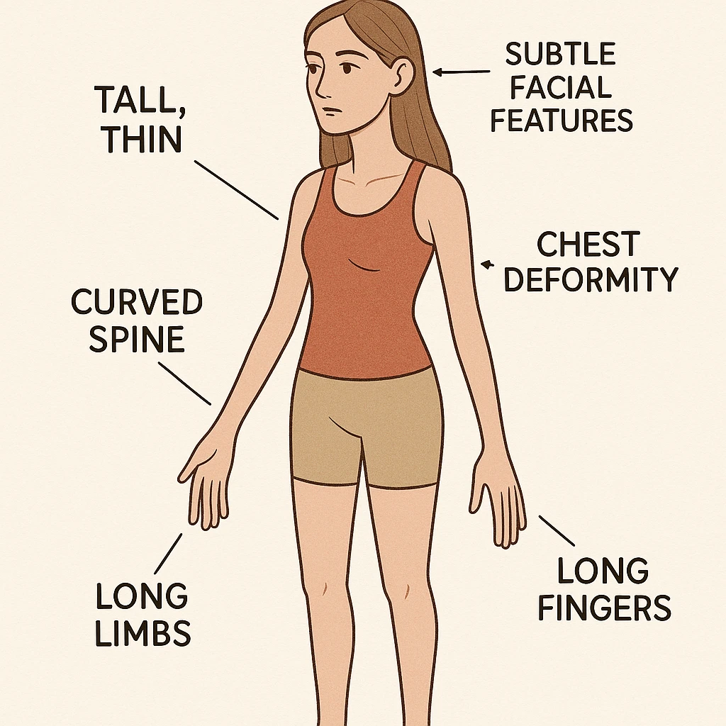 educational graphic highlighting Marfan syndrome in women, showing a tall, thin female figure with long limbs and fingers, curved spine, chest deformity, and subtle facial features, with clear labels for each characteristic, clear and informative style, suitable for general public audience emoji