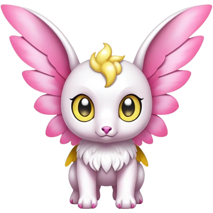 Shiny epic glittery divine white yellow pink animal-fakemon-creature with head-ear-wings, cute, adorable, big eyes emoji