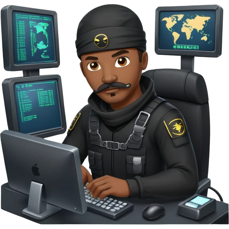 african-american mustache mercenary black ninja hacker terminal command center emoji