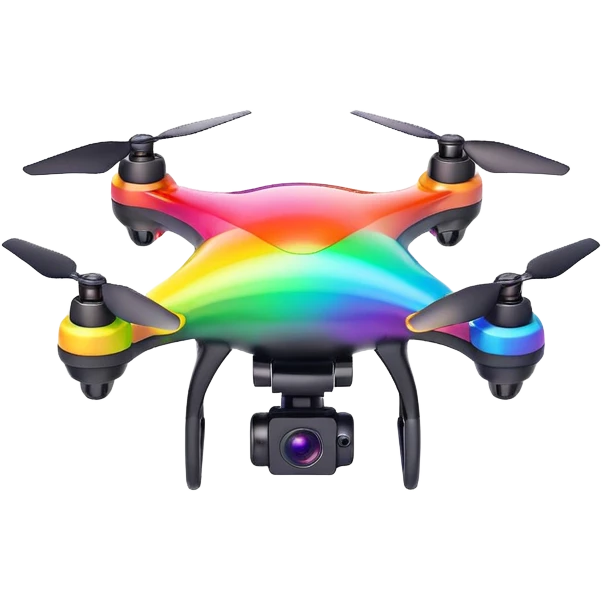 Colorful rainbow drone emoji, 3D glossy, neon propellers, small camera, bright vibrant colors, smooth design, transparent background. emoji
