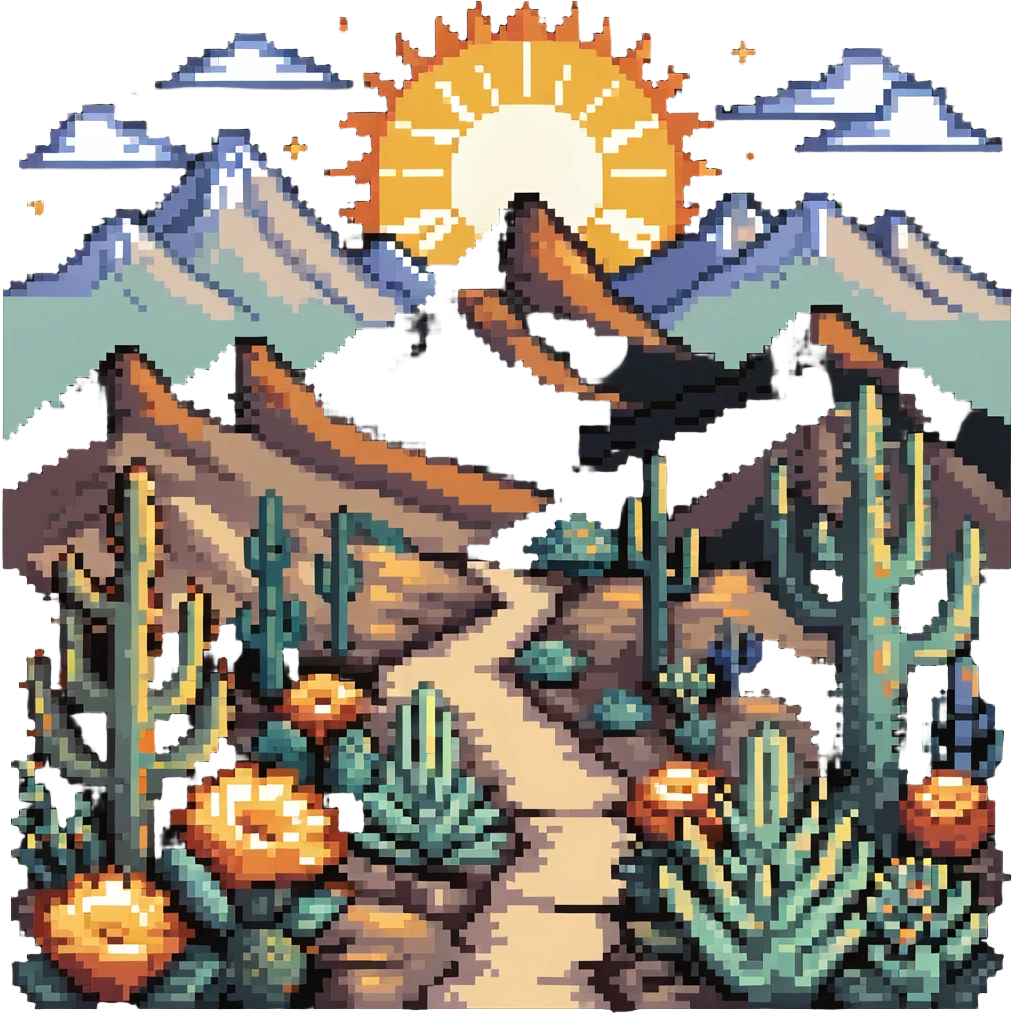 boho-inspired landscape painting with mountains, sun, and desert plants emoji