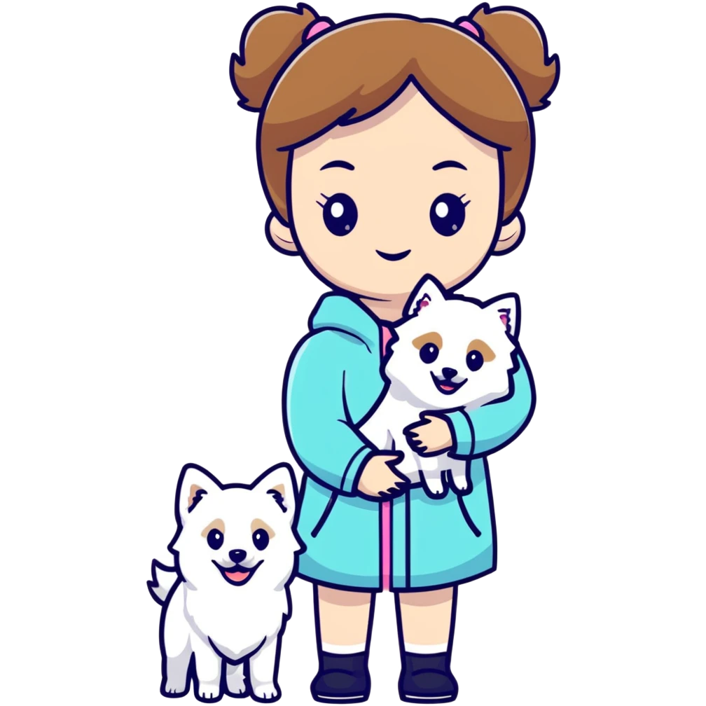 light brown hair girl with pale skin holding a white Japanese spitz dog emoji