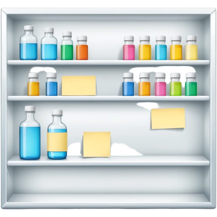 empty big shelf with single serum bottle, prominent sticky note with 'reorder now!' text emoji