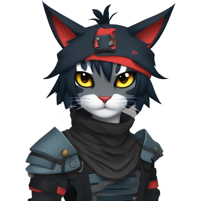 Edgy Shy Anthro Samurai cool pretty dark Litten-Pokémon-cat-fursona-animal techwear bandana emoji