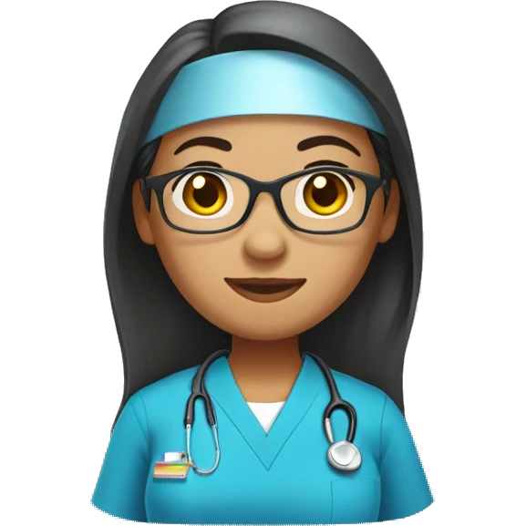 Female nurse with blue scrubs, Filipino of descent, with straight hair and eyeglasses, half body shot emoji