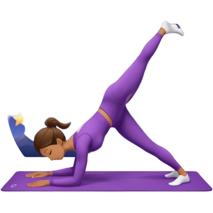 A woman wearing a purple yoga suit doing downward dog pose on a mat, pastel background with floating stars. emoji