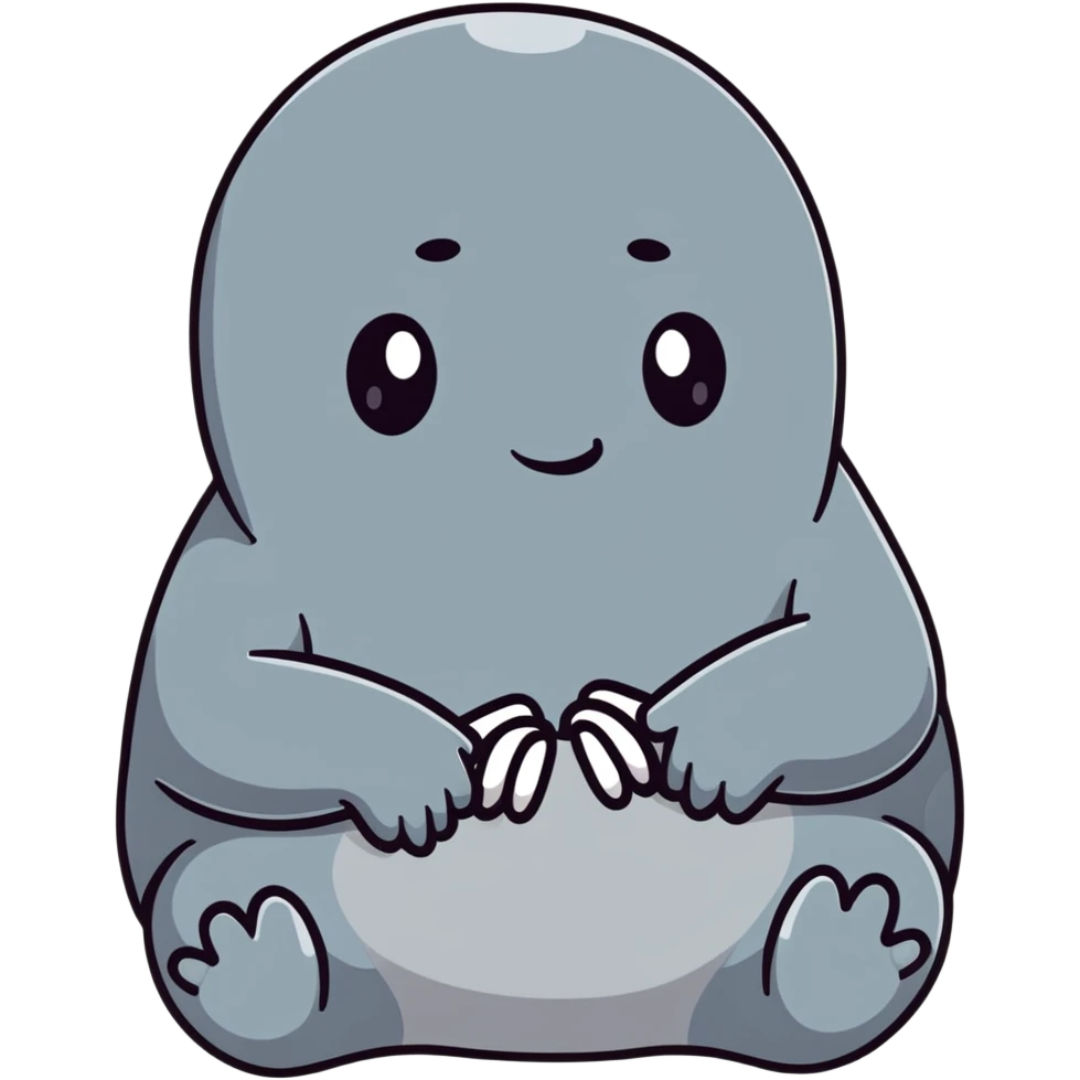 Zhdun (The One Who Waits), a cute gray blob-like creature with wrinkled skin, no neck, tiny hands resting on lap, patiently waiting emoji