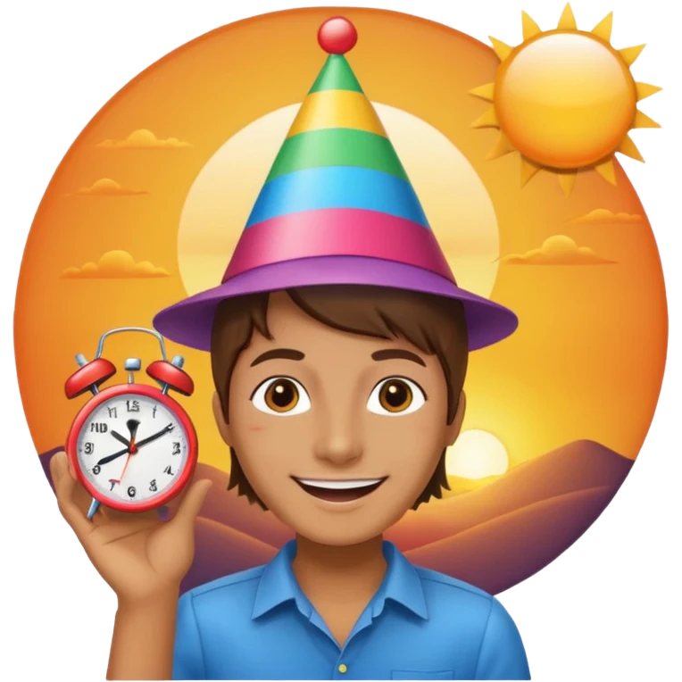 party face, alarm clock, sunset emoji