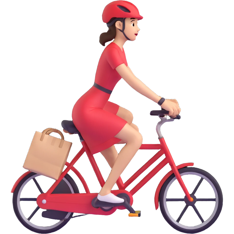 person in a bright red dress cycling quickly, holding a delivery bag, simple and bold emoji