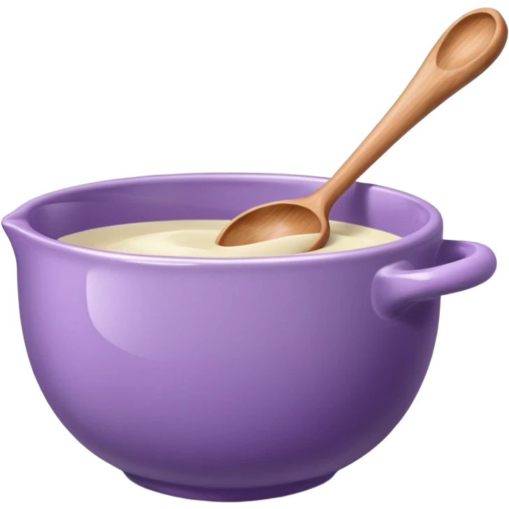a lilac ceramic mixing bowl with a wooden spoon stirring emoji