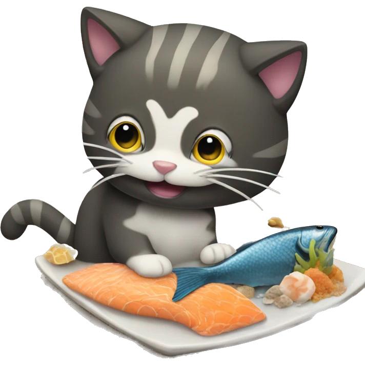 Cat eating fish on a beach near a wave  emoji