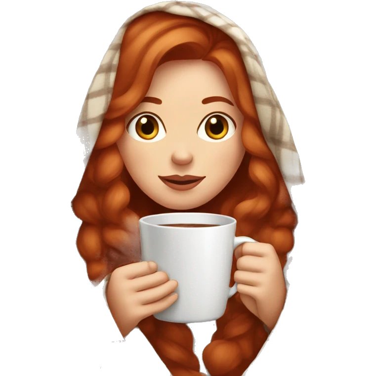 Pretty redhead woman wrapped in a blanket drinking hot chocolate emoji