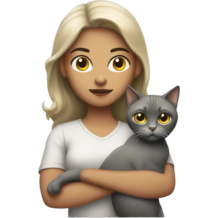 Light skinned woman holding a grey cat with an annoyed look on her face  emoji