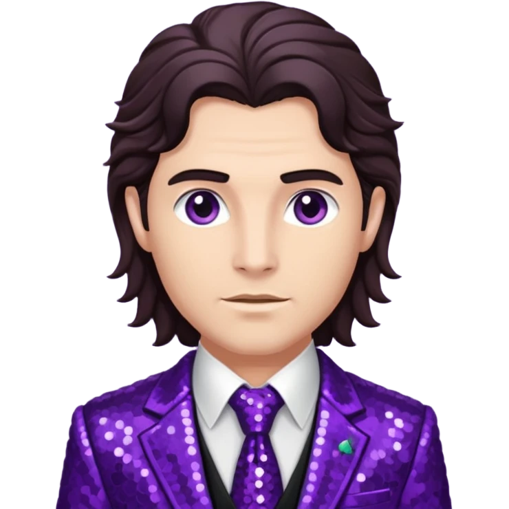 Dionysus from Greek Mythology with long dark brown hair, purple sequin suit jacket and tie, black shirt emoji