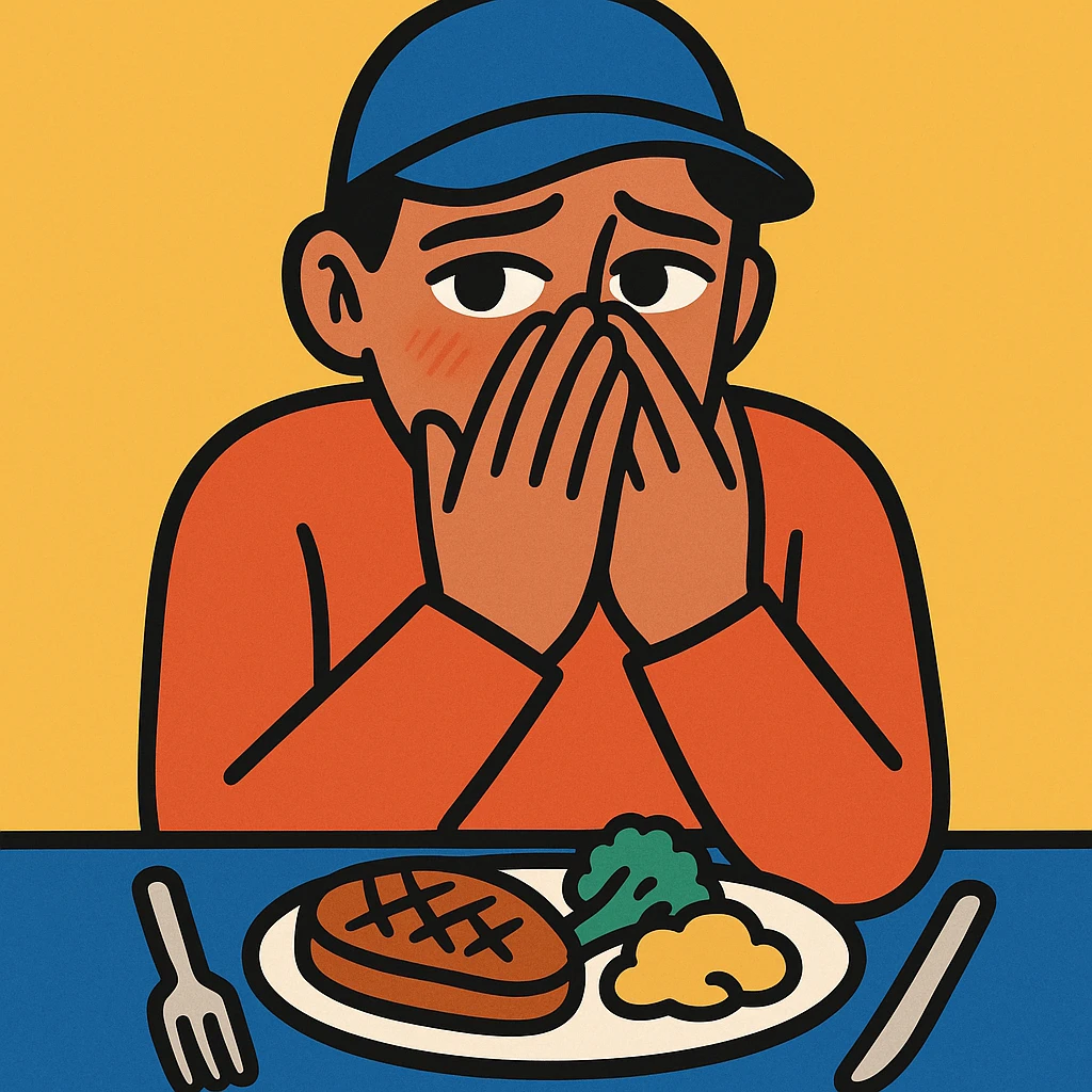 a person hiding their sadness and struggling with an eating disorder, subtle facial expression, hands partially covering face, untouched food on the table, expressive eyes, modern illustration style emoji