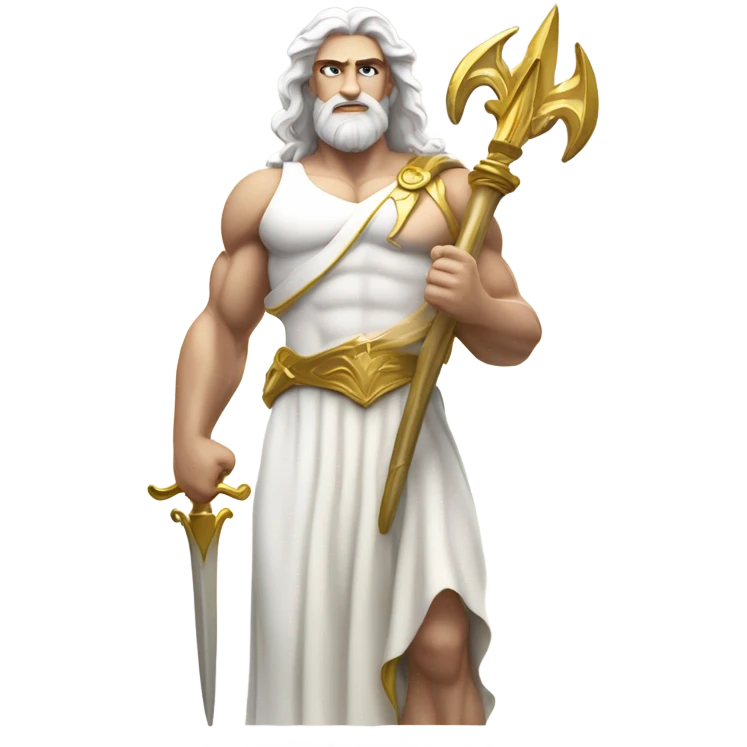 white Poseidon with gold Trident. long hair white dress. show biceps emoji