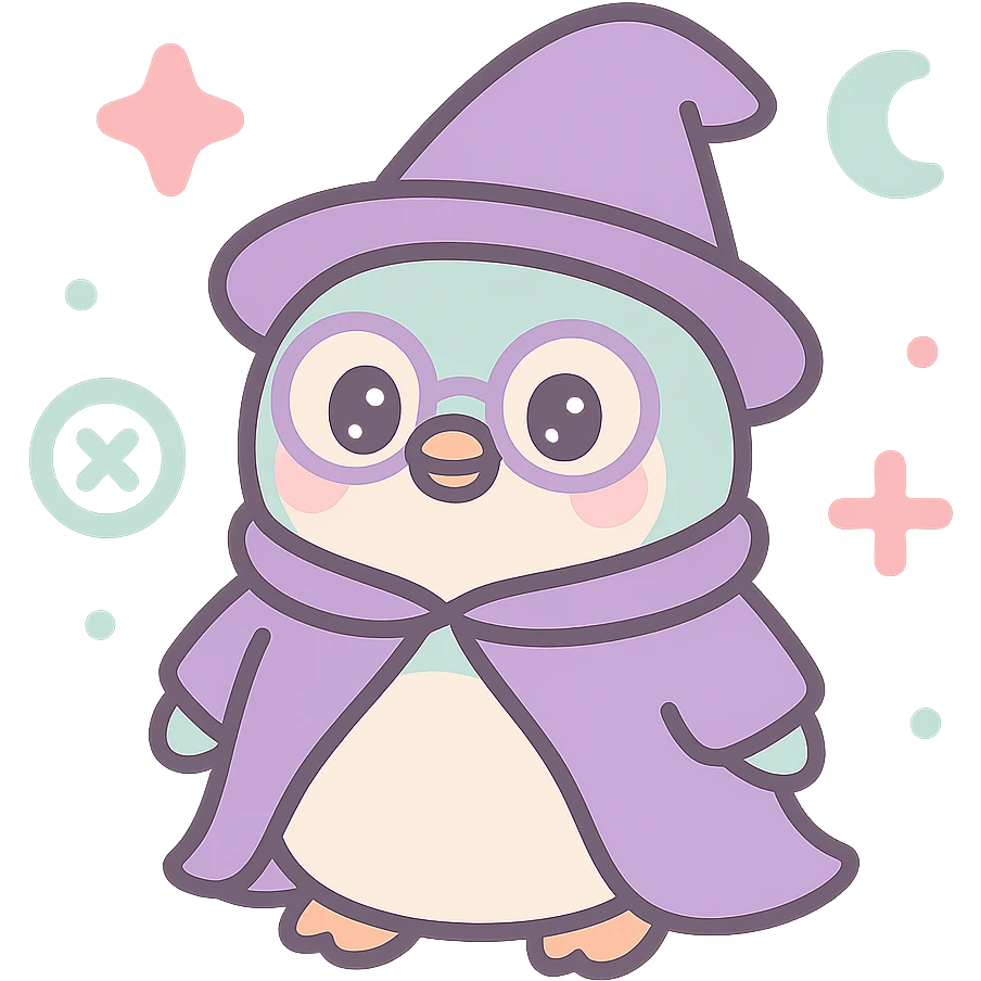 penguin wizard with glasses, purple cloak, surrounded by magical runes, whimsical emoji