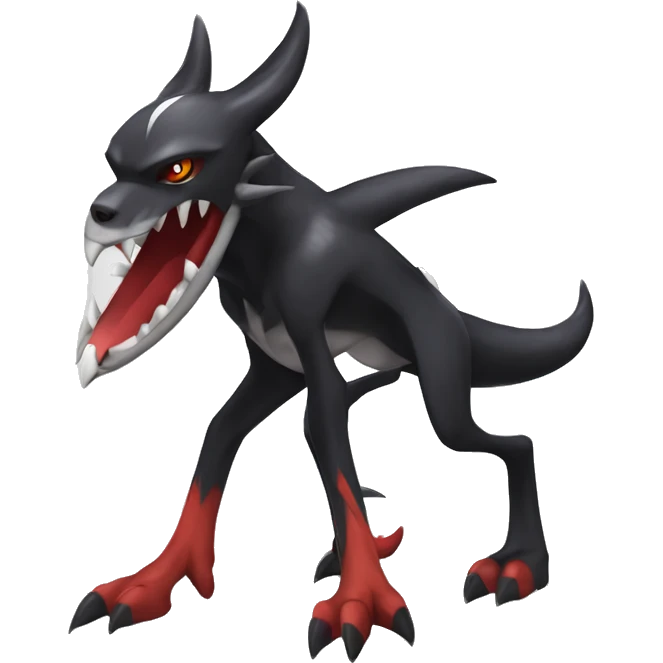 Black Cool Edgy Nargacuga-Houndoom-Garchomp Fakémon Digimon with Red and white Edgy markings, full body, outlined emoji