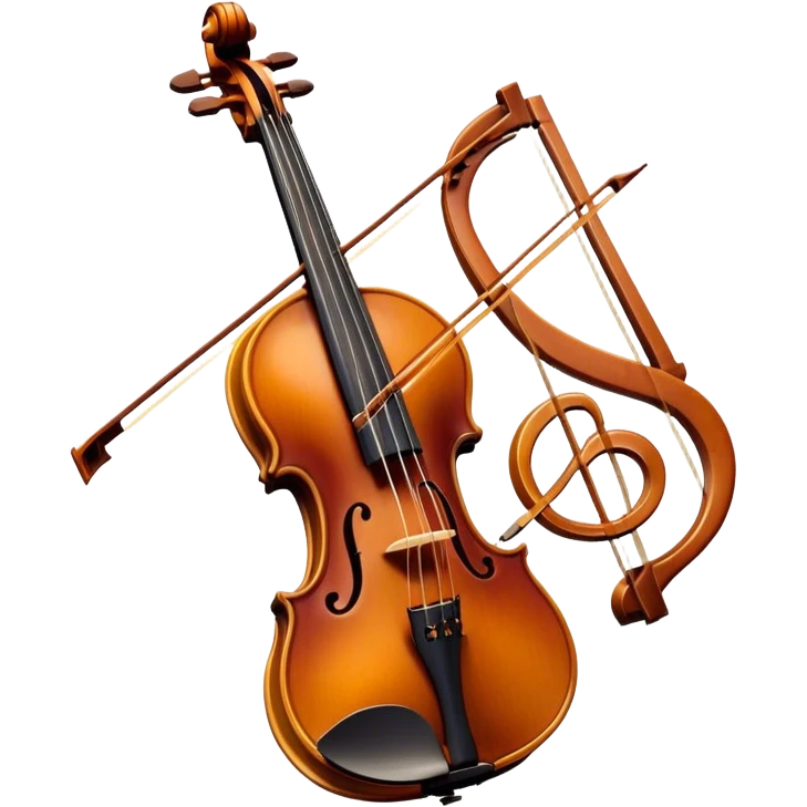 Create a sophisticated and artistic emoji representing the 'Macdonald' viola by Antonio Stradivari, with a bow. The design should feature the beautifully crafted viola with its elegant, curved shape and intricate woodwork, positioned alongside a finely crafted bow. Add subtle elements like flowing musical notes to emphasize the sound and artistry of the instrument. Use rich, warm tones like golden brown and deep red to reflect the luxurious nature of the instrument. The background should be transparent emoji