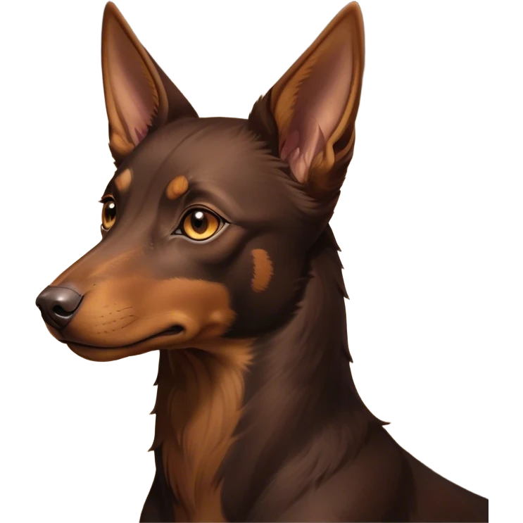 Cinematic Noble Brown and Tan Kelpie Portrait Emoji, Poised and regal, with a strong, agile build and a rich, well-groomed Fur of warm brown and tan, piercing warm eyes, Simplified yet sharp and sophisticated features, highly detailed, glowing with a soft, dignified glow, high shine, intelligent and energetic, stylized with an air of determination, focused and attentive, soft glowing outline, capturing the essence of a watchful and confident herder, so majestic it feels as though it could bound out of the screen with effortless authority! emoji