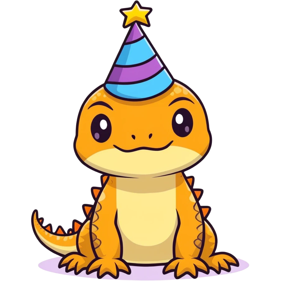Grumpy unhappy bearded dragon with a birthday hat emoji