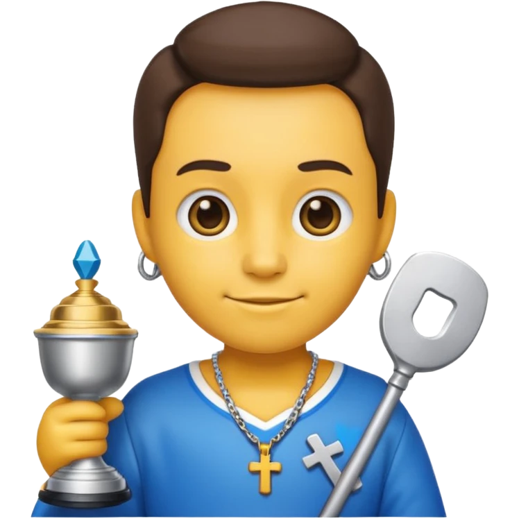 Labubu emoji with cross necklace hold a mini labubu with a blue Stanley cup emoji
