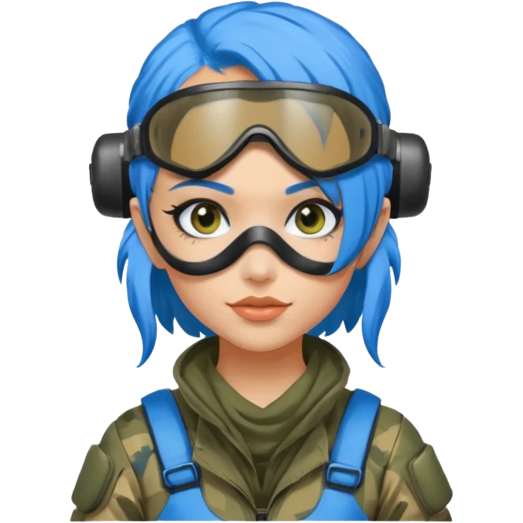 blue curly haired paintball playergirl with huge earrings, wearing paintball eye mask helmet emoji