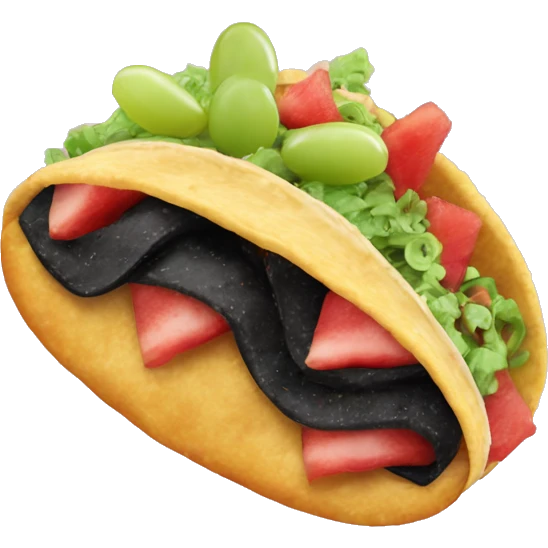 a taco, stuff it with a fish and a slice of watermelon. Sprinkle it with donut crumbs and wrap it in crispy bacon. For garnish, add some grapes and a pinch of squid ink. emoji