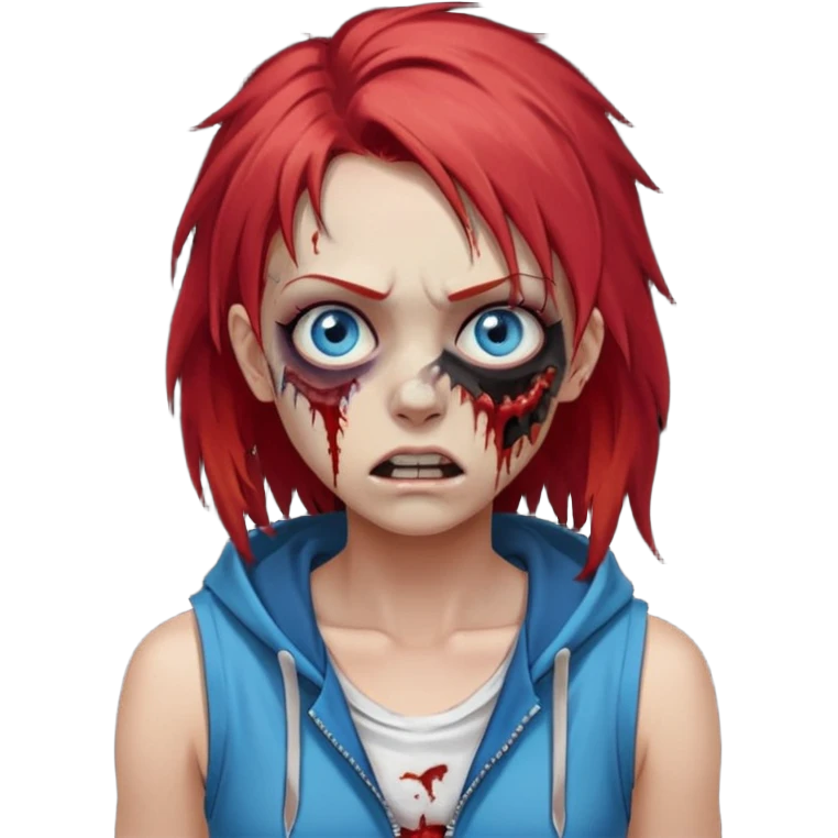 сделай рыжую девушку зомби с избитым лицом, не в полный рост, пусть ее рыжие волосы будут ниже груди с осветленными прядями, глаза у нее будут голубые, а одета она будет в дранную белую майку и черную зип худи emoji