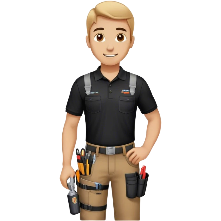 A skilled building technician with a friendly smile. He wears a black polo shirt with a company logo and dark work pants equipped with tool holsters. Holding a diagnostic tool and cables, he appears focused and professional, ready for maintenance or repair tasks. emoji