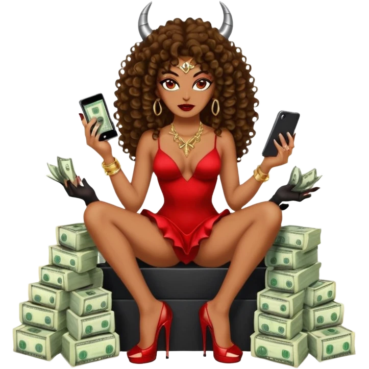 seductress evil brown curly haired sexy drug lord woman with  glitter platform high heels on her feet,  and devil black horns on her head, holding a stack of cash, has a phone in other hand. Sitting on  Cases of drugs. Goddess evil emoji