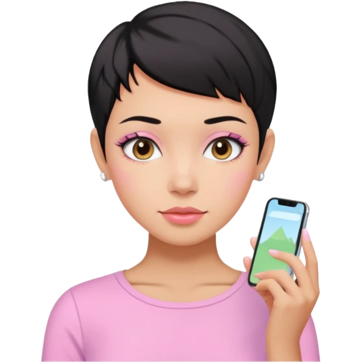 tan girl pink shirt with black hair & a pixie, cut no earrings, doing cute pastel colors skin care emoji