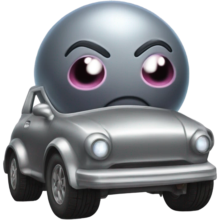 Metal cute Kirby bubble Gray ball driving on car wheels with mad eyebrows  emoji