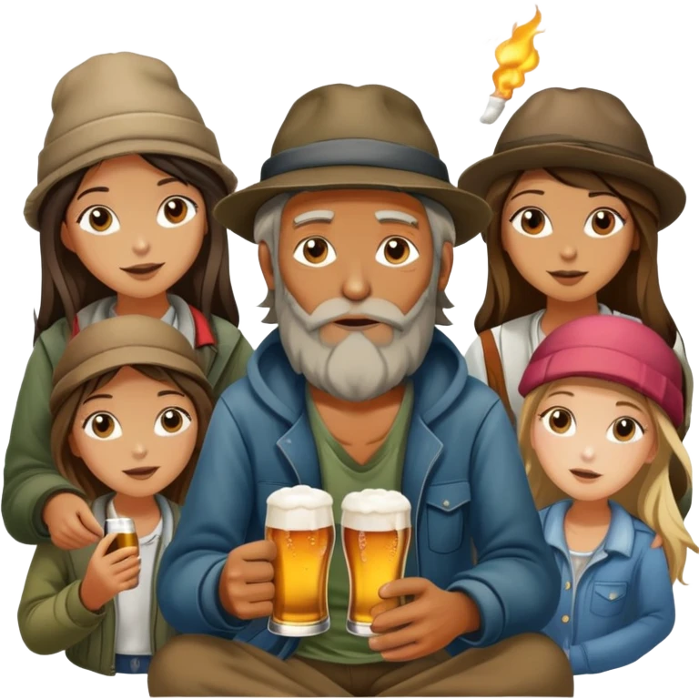 homeless man with a lot of girls a lot of beer and a joint emoji